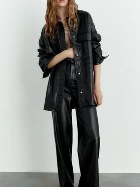 ZARA Faux Leather Shacket Jacket Oversized Button Up Closure Black Size Small